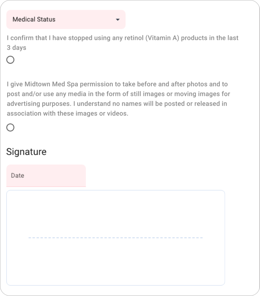 a sample consent form that is asking for permission to publish before and after photos on social media and marketing materials.