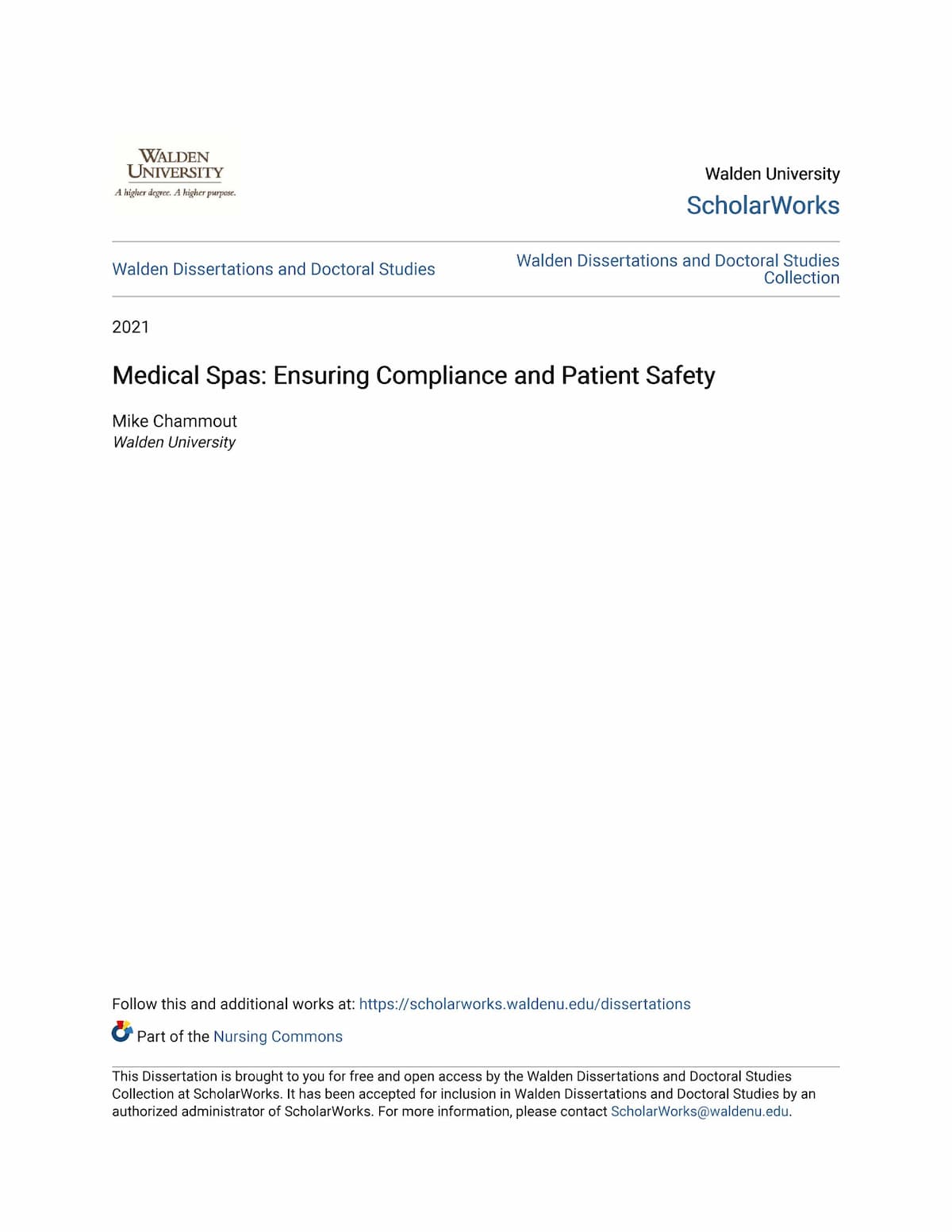 Medical Spas Ensuring Compliance and Patient Safety, Mike Chammout, Walden University, 78 pages - Download PDF