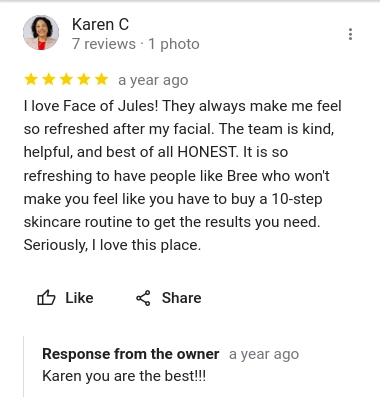 The owner of a med spa thanks a user for their review